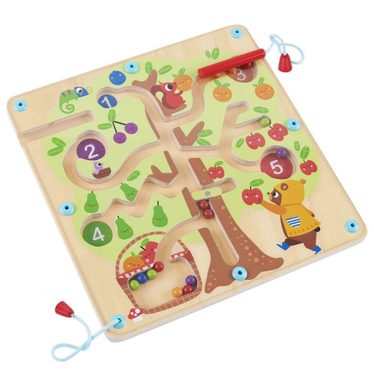 Interactive fruit maze toy tree for kids, promotes learning and hand-eye coordination.