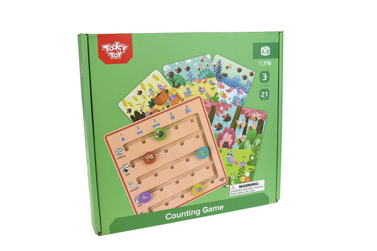 Interactive counting game with colorful cards for educational play and learning at home.