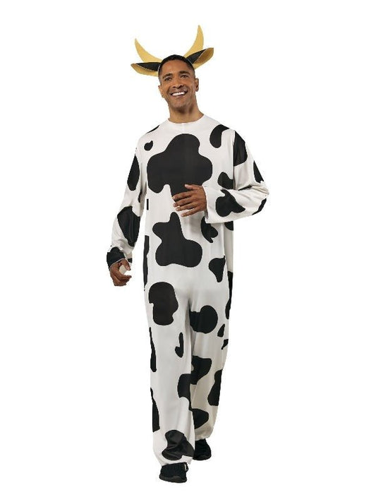 Adorable adult cow onesie costume with headpiece for playful kids dress-up fun at home.