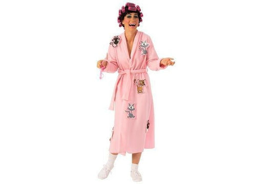 Adult Crazy Cat Lady Costume with robe, wig, and glasses for playful kids dress-up.