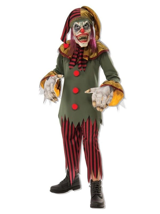 Kids Jester Clown Costume Set with Mask and Gloves, colorful attire for playful dress-up.