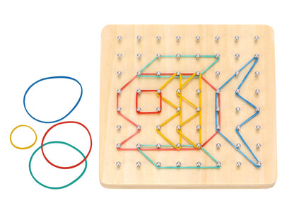 Rubber band geoboard puzzle game for kids home activities, promoting creativity and problem-solving.