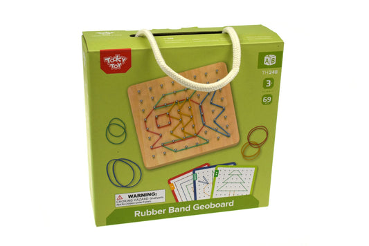 Colorful rubber band geoboard puzzle game for creative play and learning at home.