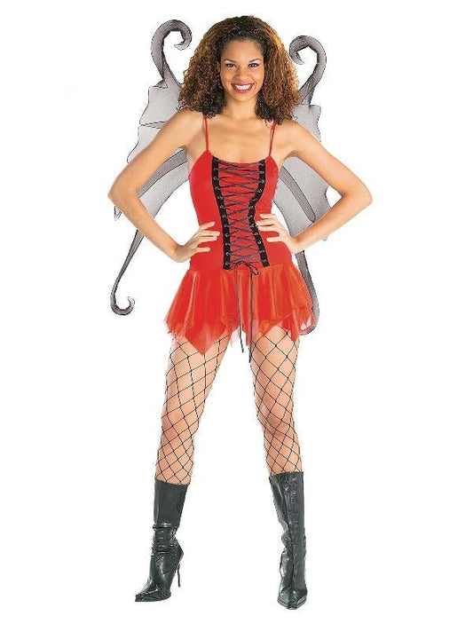 Adult crimson fairy costume with wings, ideal for magical dress-up play at home.