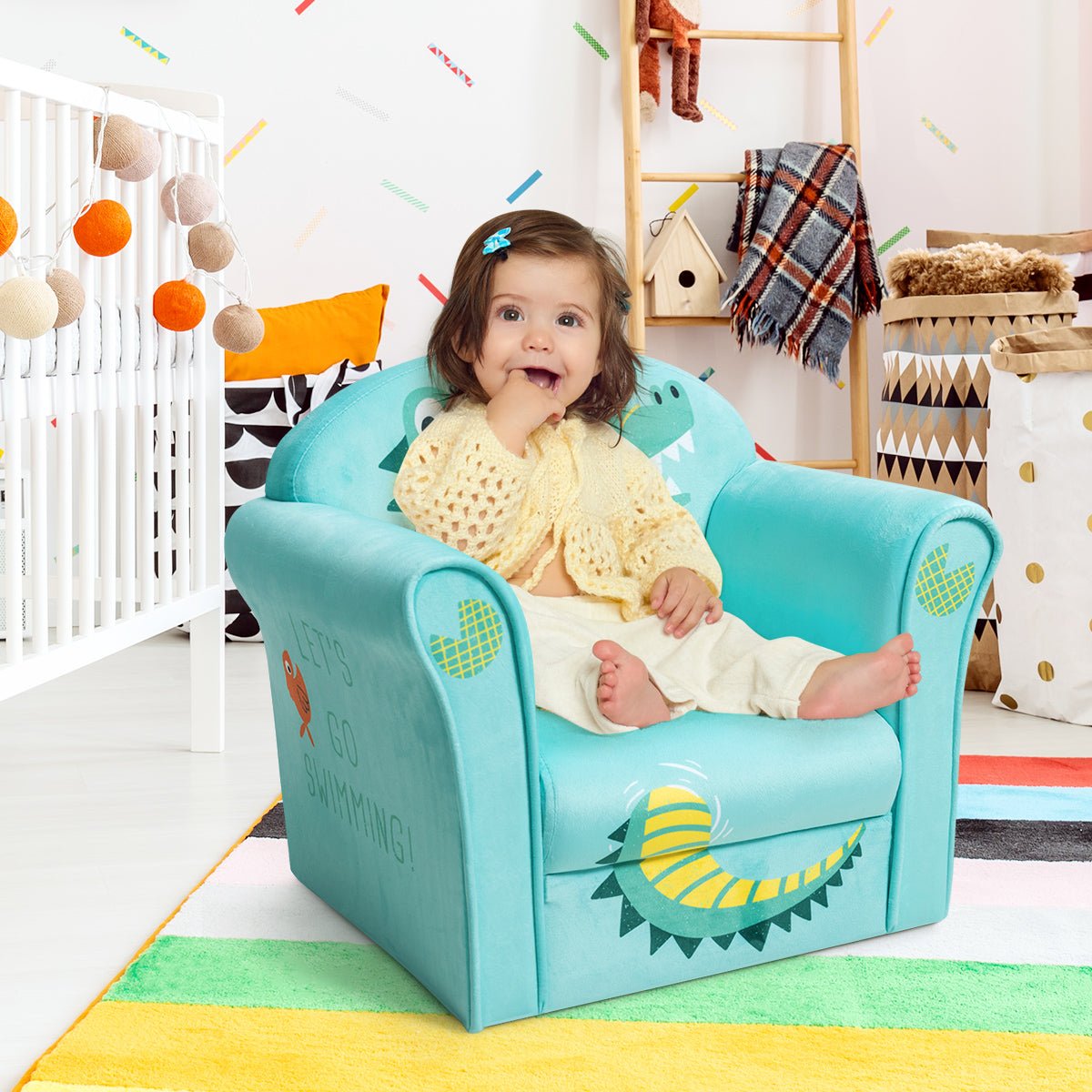 Crocodile Pattern Armchair: Wooden Frame Coziness for Baby Room Comfort