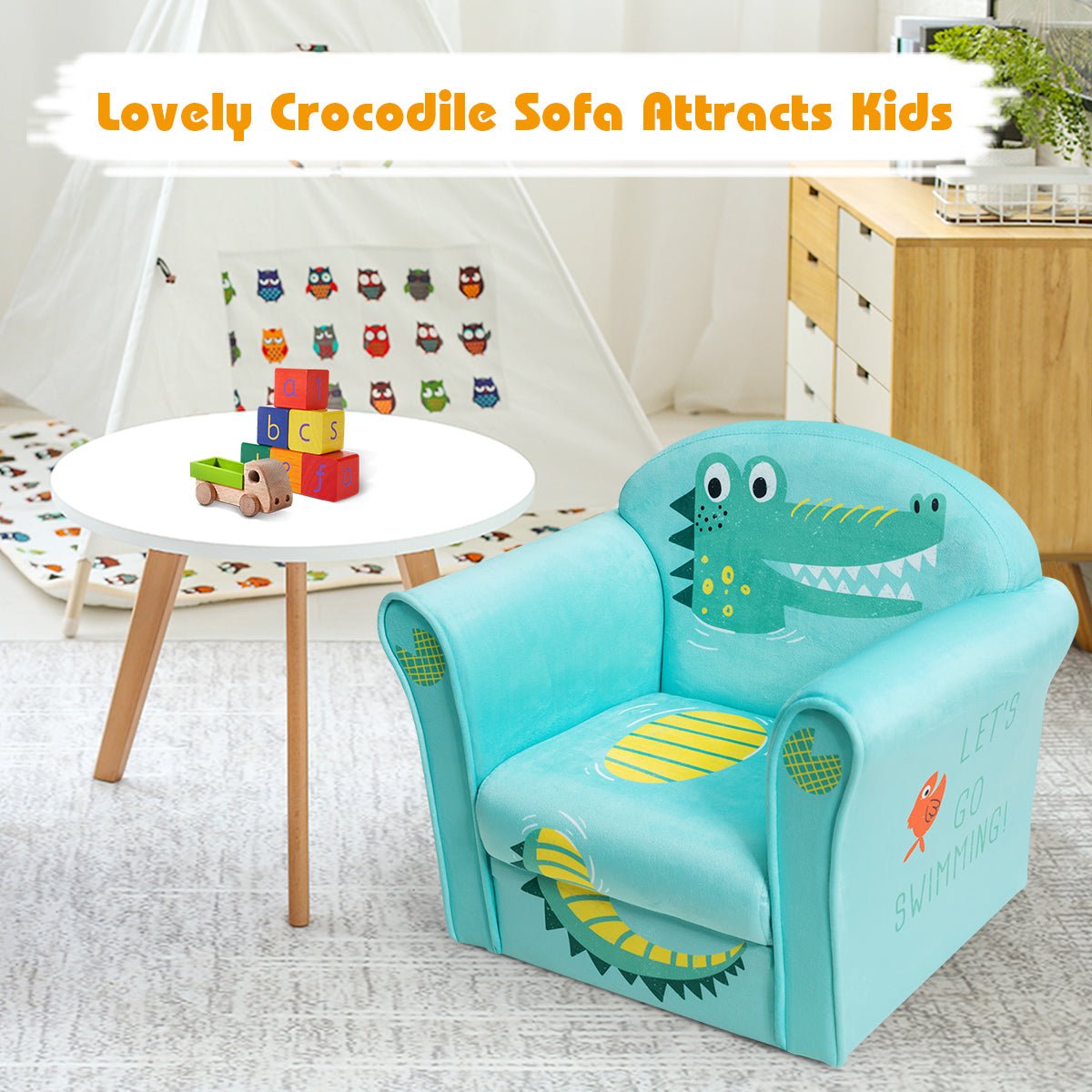 Kids Armchair with Crocodile Pattern: Embrace Wooden Frame Comfort in Baby Room
