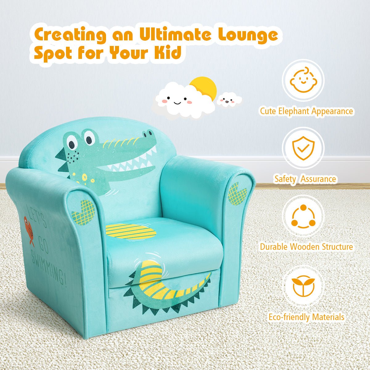 Crocodile Pattern Armchair: Wooden Frame Haven for Baby Room Comfort