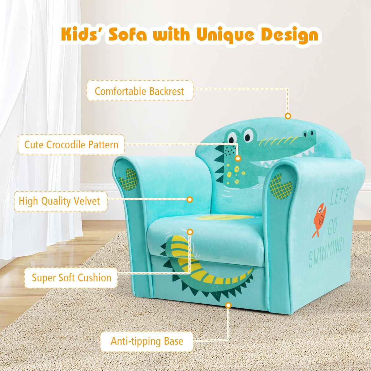Children's Armchair with Crocodile Pattern: Wooden Frame Charm and Comfort