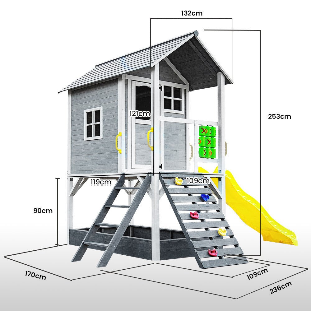 Cubby House with Slide Rock Wall Noughts & Crosses Grey