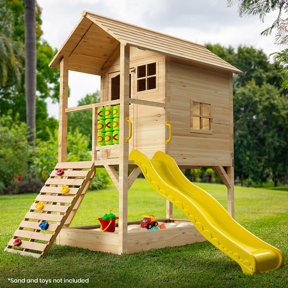 Buy Rovo Cubby House with Slide Rock Wall Noughts Crosses Natural