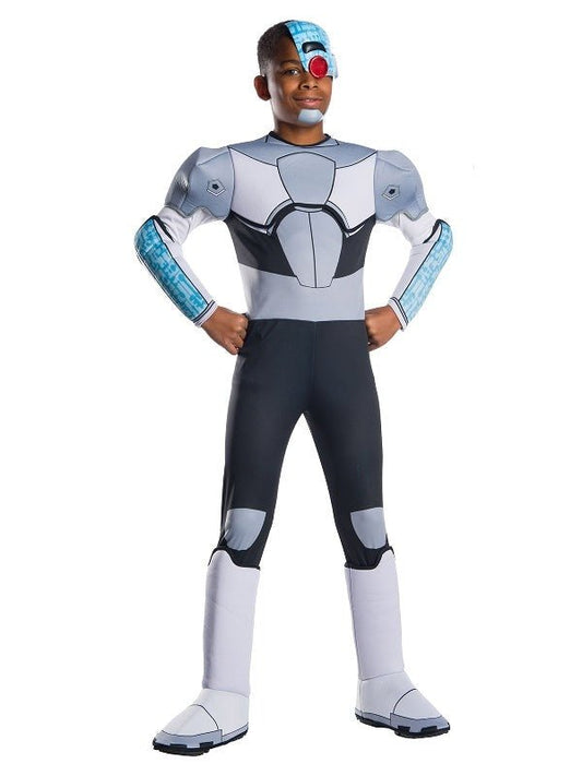 DC Comics Cyborg kids costume with mask and jumpsuit, great for imaginative play at home.