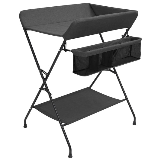 Portable dark grey baby changing station with storage compartment for convenient home use.