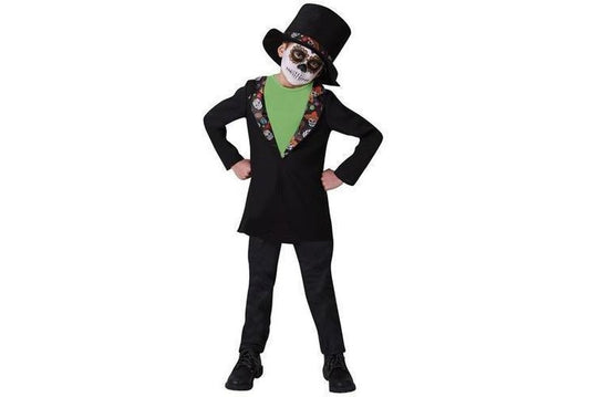 Colorful Day of the Dead costume for boys, perfect for Halloween and dress-up play.