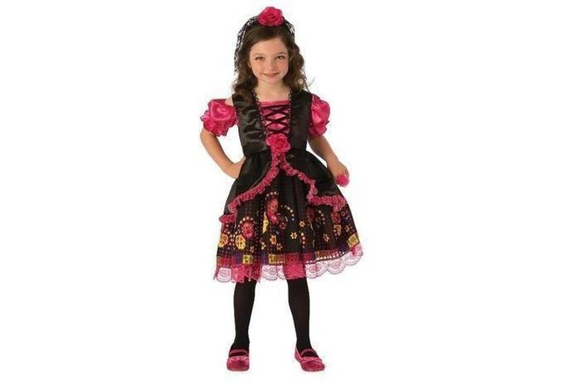 Colorful Day of the Dead girls costume for playful home dress-up activities.