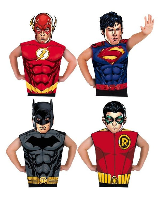 DC Comics Superhero Party Pack with 32 kid-sized vests and masks for home fun.