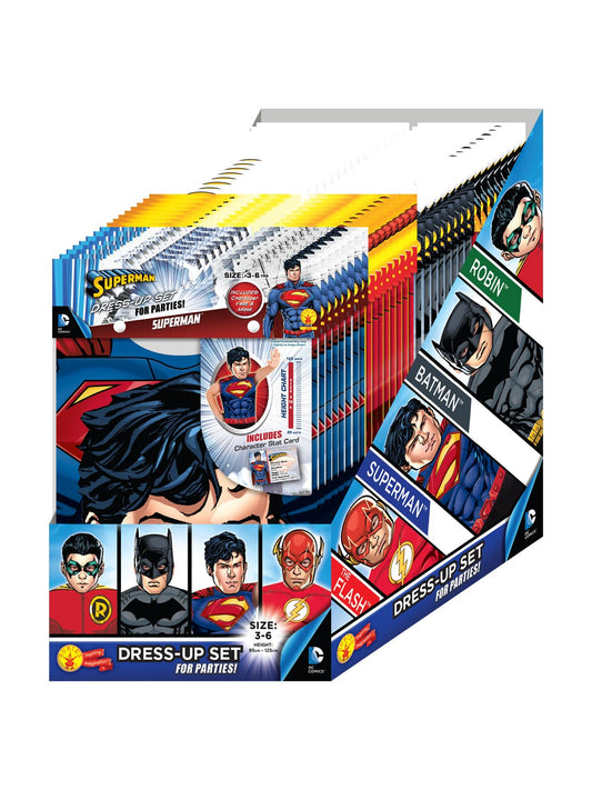 DC Comics superhero party pack with 32 kids vests and masks for themed fun.