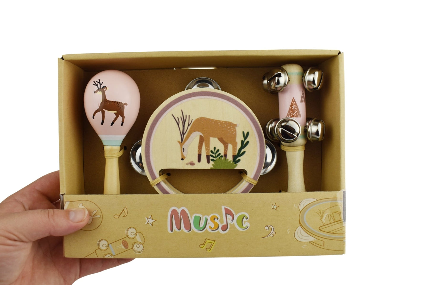 Deer wooden 3pcs musical set for kids, perfect for imaginative play at home.