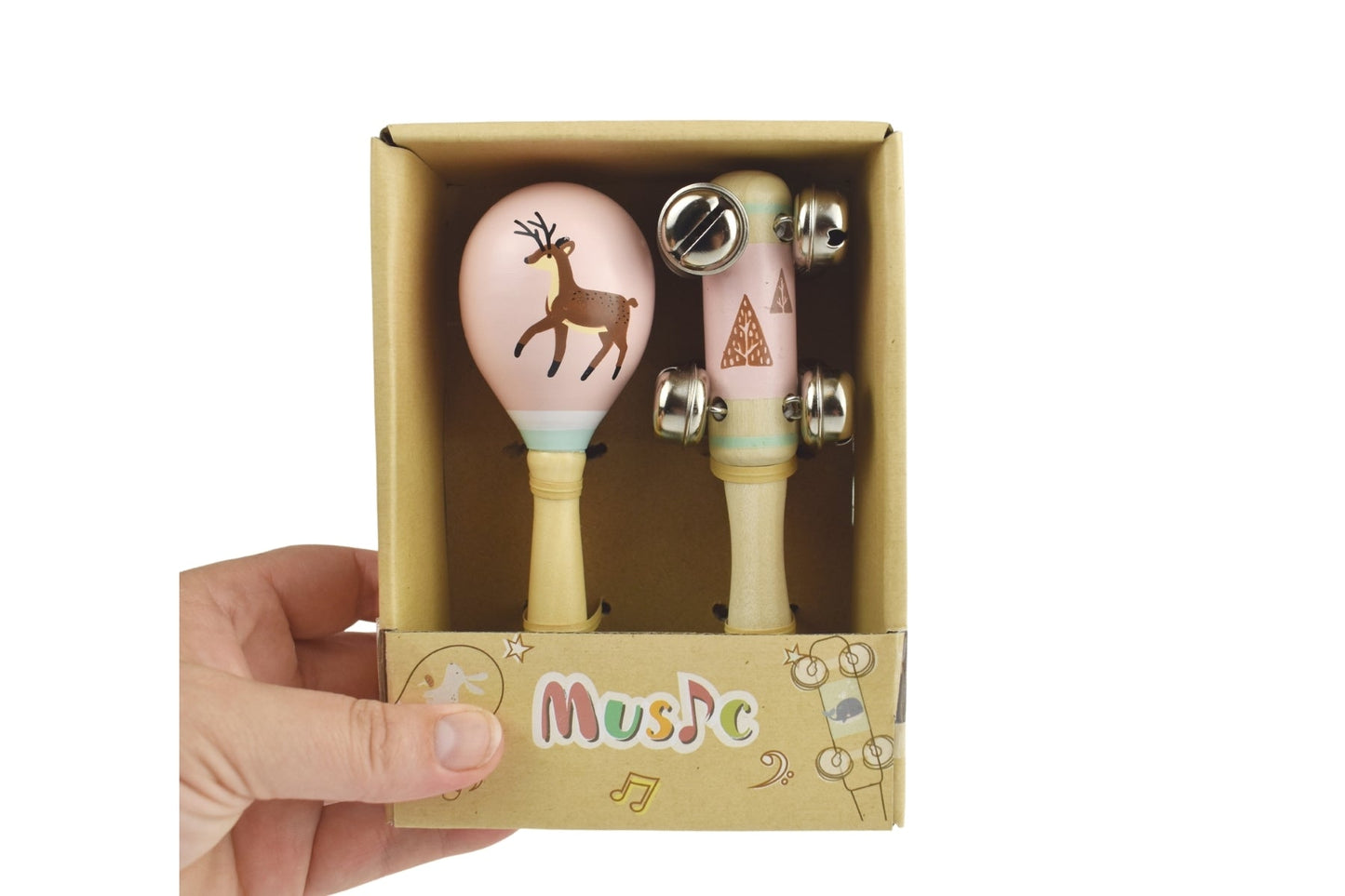 Adorable Deer-shaped wooden maraca and bell stick set for interactive musical playtime.