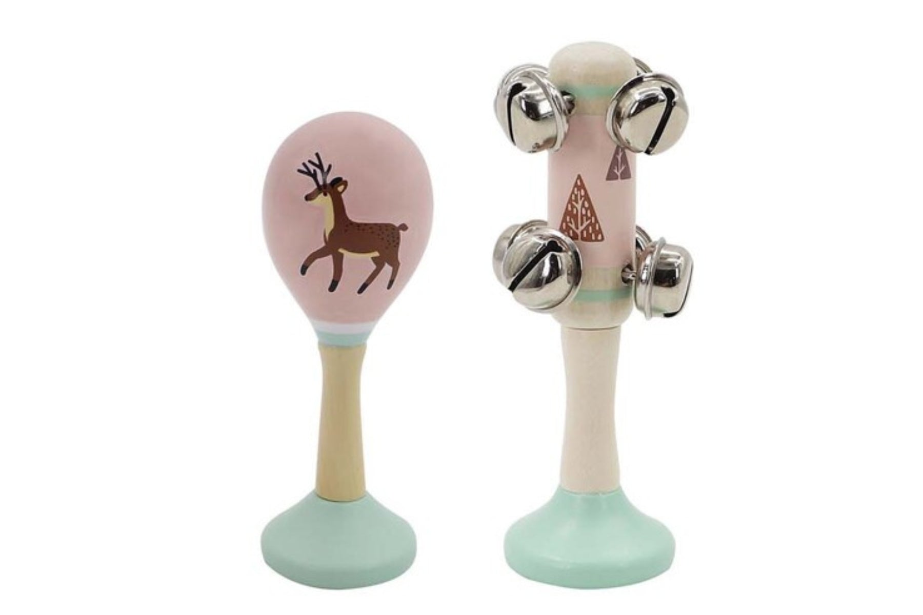 Deer wooden maraca and bell stick set for musical play, ideal for kids entertainment.