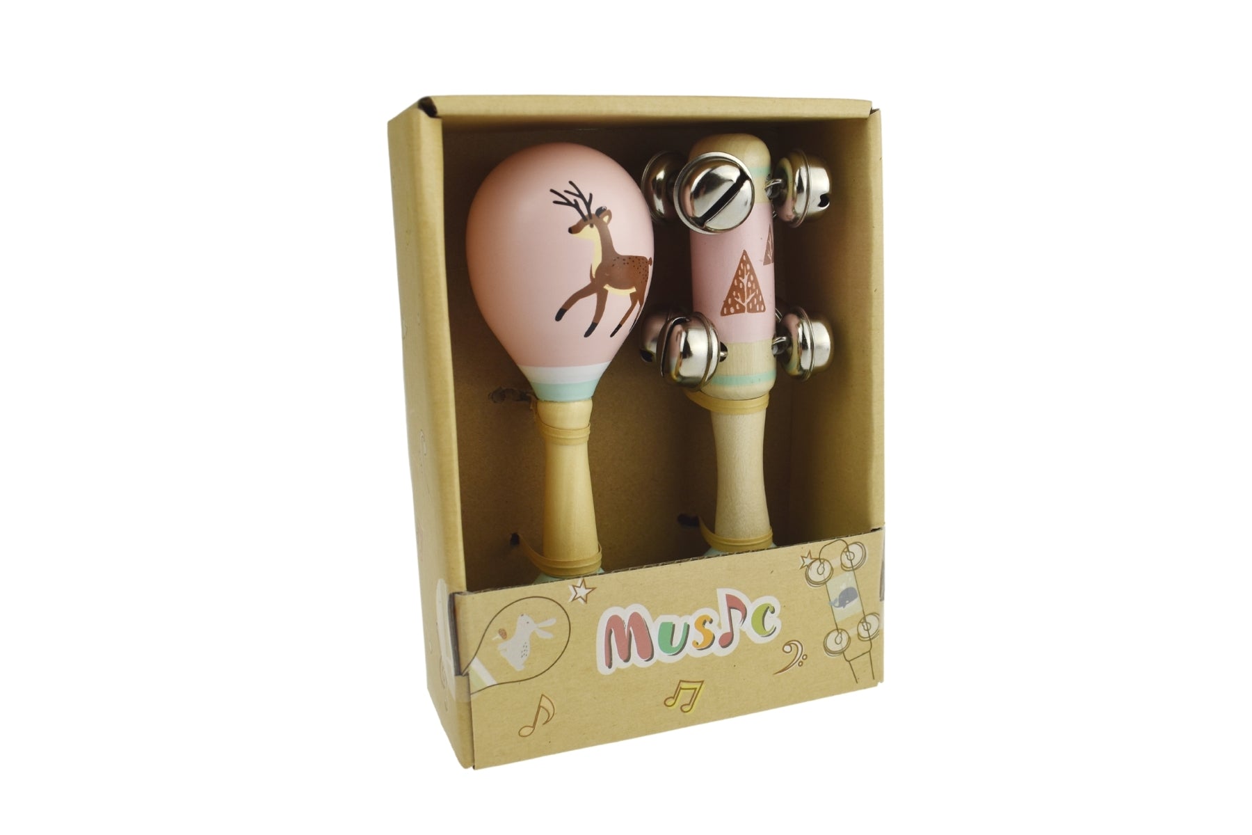 Deer wooden maraca and bell stick set for kids playtime, music, and sensory development.