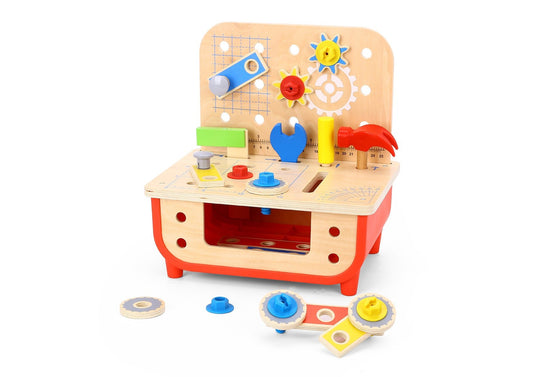 Colorful Deluxe Work Bench for kids - includes tools for imaginative play and learning.