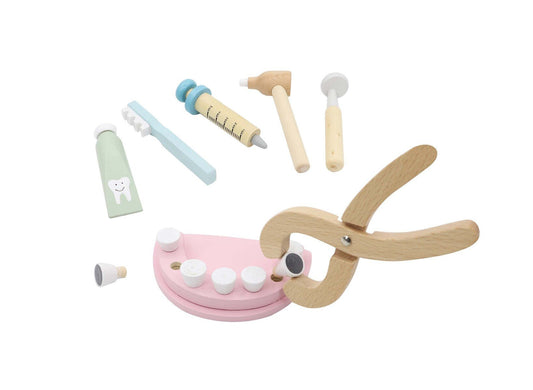 Dentist playset in portable tin case for kids imaginative play at home.