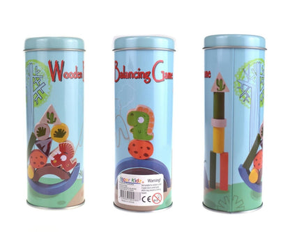 Colorful wooden dinosaur balancing blocks game for interactive play, housed in a metal cylinder.