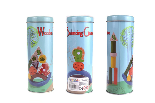 Colorful wooden dinosaur balancing blocks game for interactive play, housed in a metal cylinder.