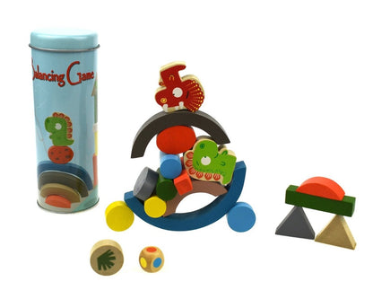 Colorful Wooden Dinosaur Balancing Blocks Game in Metal Cylinder for fun, educational playtime.