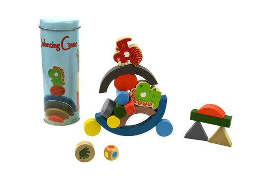 Colorful Wooden Dinosaur Balancing Blocks Game in Metal Cylinder for fun, educational playtime.