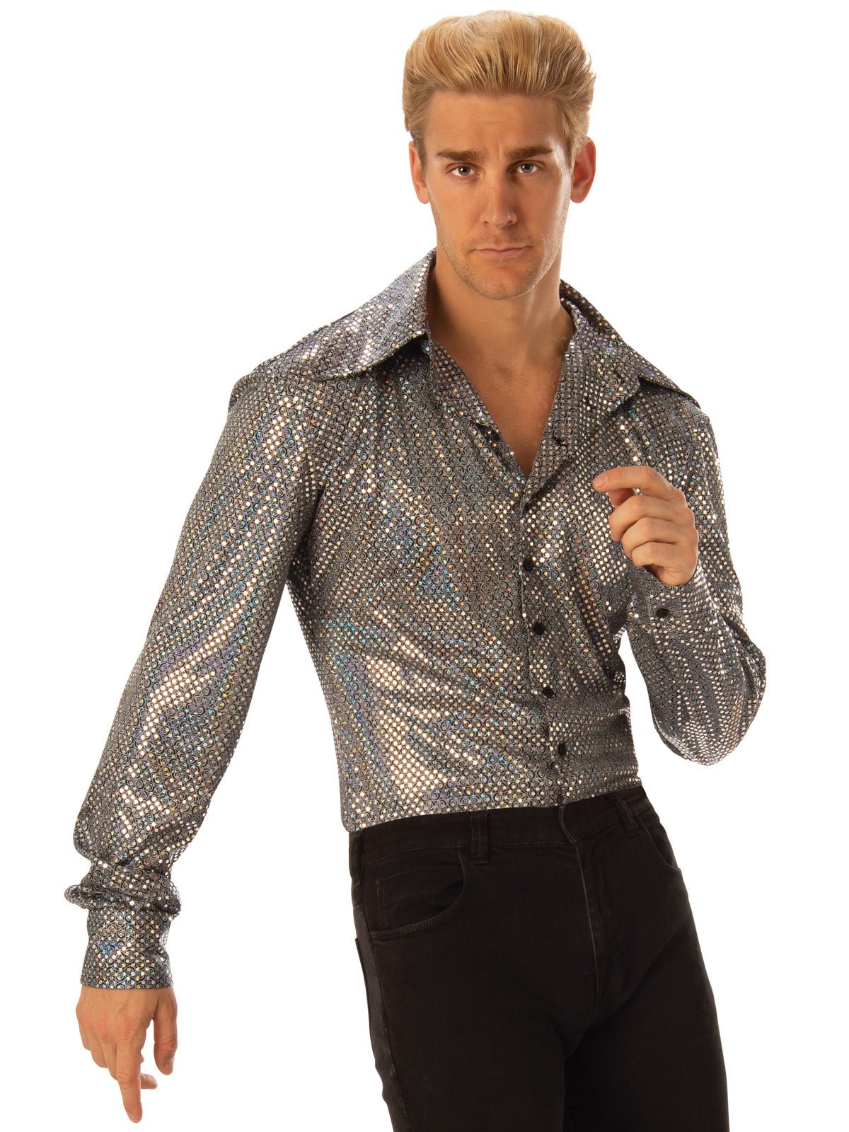 Shiny metallic Disco Boogie Man shirt for adults, perfect for themed parties and events.