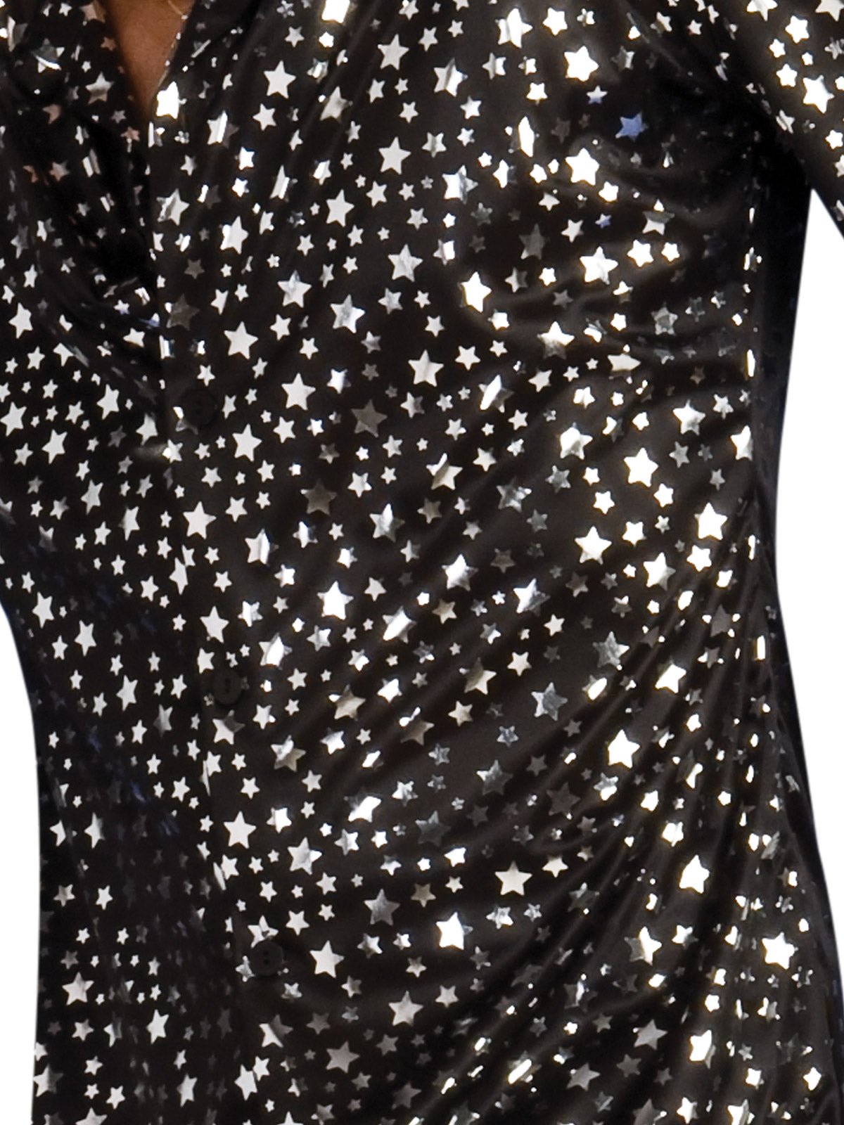 Black mens shirt with silver stars, perfect for dazzling kids party outfits.