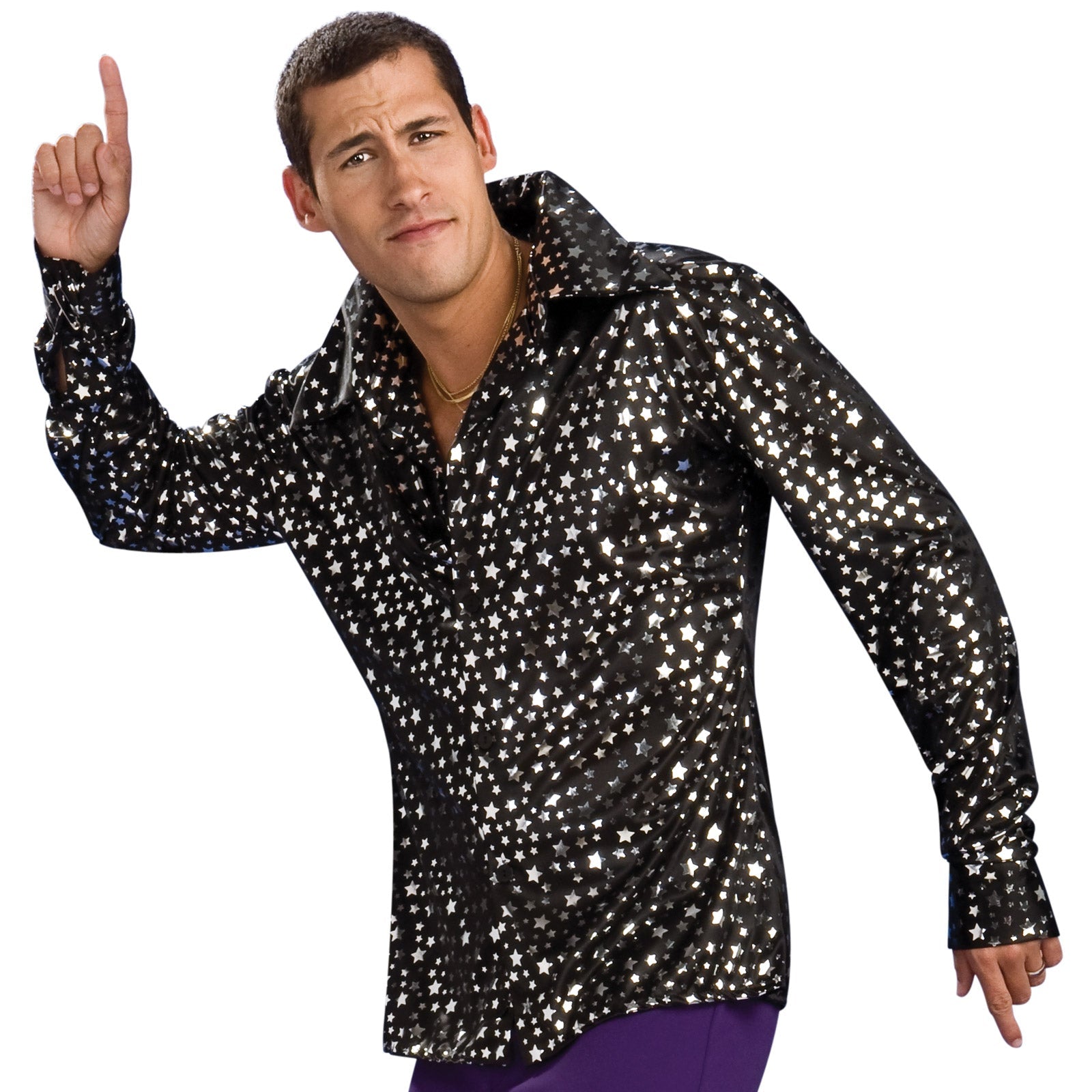 Black shirt for boys with silver star pattern, perfect for disco parties and home.