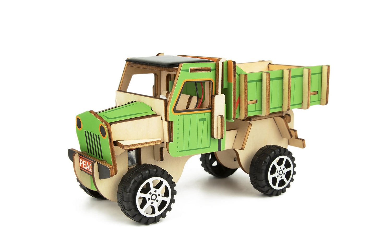 Wooden solar truck science kit, encourages creativity and learning in childrens DIY projects.