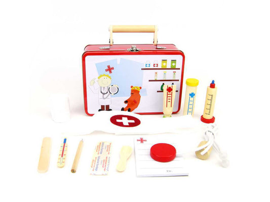 Colorful doctor play set in portable tin case for imaginative role-play fun at home.