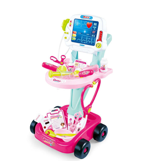 Pediatric medical cart with ECG machine for at-home child healthcare monitoring.