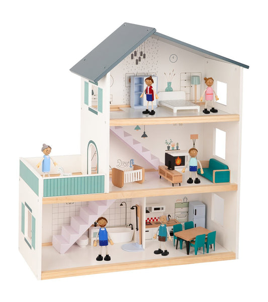 Three-storey doll house for imaginative play, perfect for childrens home entertainment.