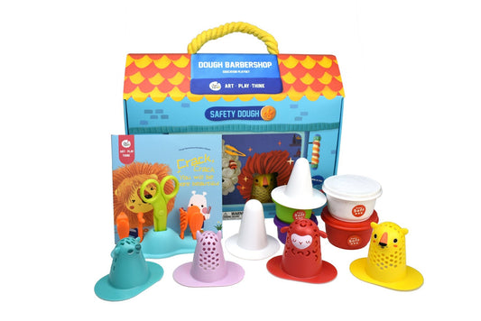 Colorful Dough Barbershop playset for kids, fostering creativity and imaginative play at home.