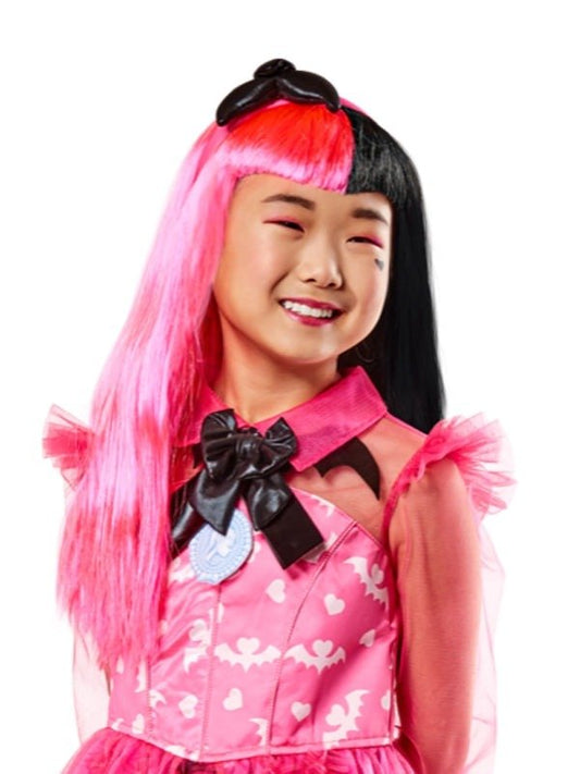 Monster High Draculaura black and pink wig for kids, perfect for dress-up play.