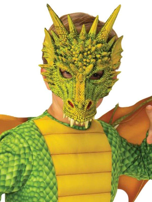 Kids dragon costume with 3D jumpsuit and mask set for imaginative play at home.