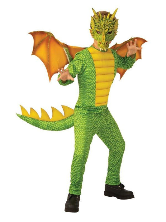 Kids dragon costume with 3D jumpsuit and mask set for imaginative play at home.