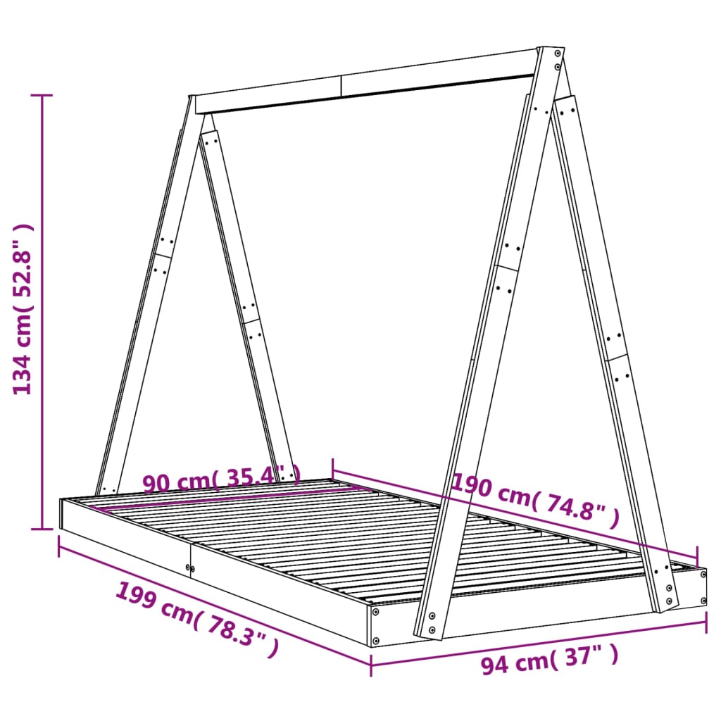 Kids black pine wood tent bed frame, creating a dreamy haven for playful imaginations.