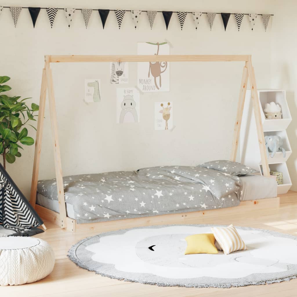 Kids pine wood tent bed frame for imaginative play and cozy sleep in style.