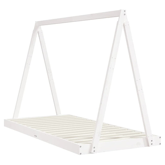 White Pinewood tent bed frame for kids, promoting imaginative play in cozy Dream Haven space.