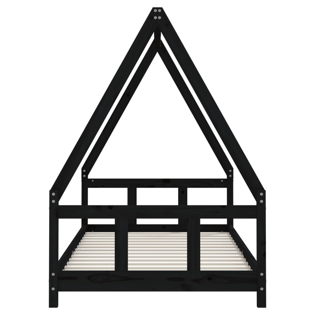 Kids pine wood house bed frame in black finish for playful bedroom decor.