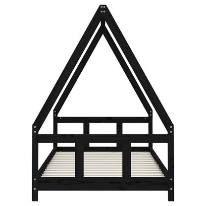 Kids pine wood house bed frame in black finish for playful bedroom decor.