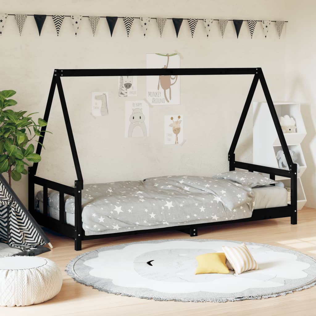 Kids black wooden house bed frame, sturdy pine wood construction for playful bedroom decor.