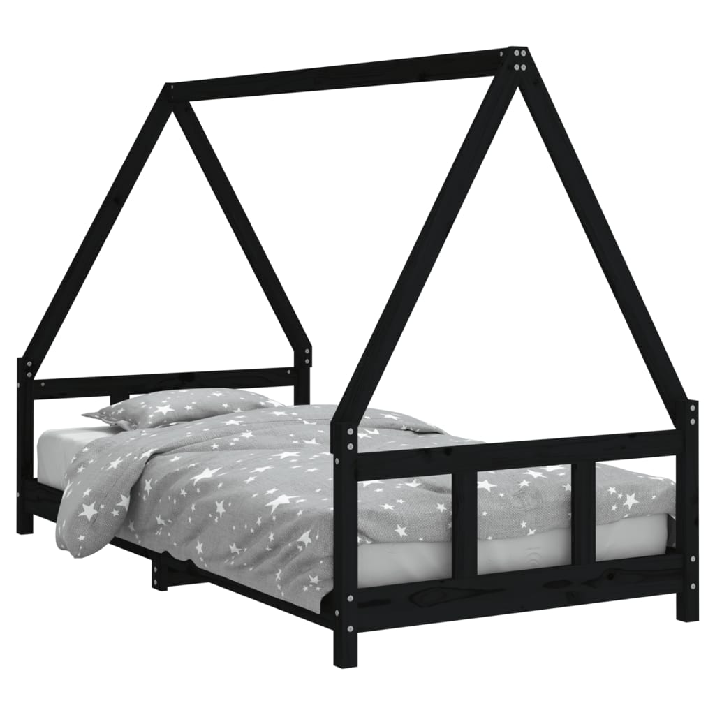 Black wooden kids house bed frame made of durable pine wood for cozy sleep.