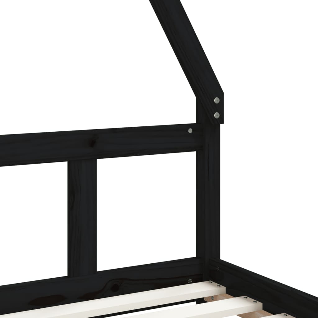 Kids black wooden house bed frame crafted from durable pine wood for playful bedroom design.