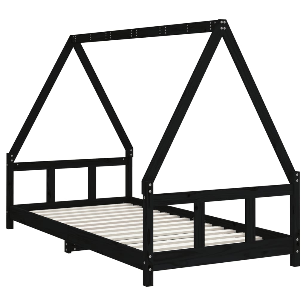 Black wooden house bed frame for kids - made from durable pine wood.